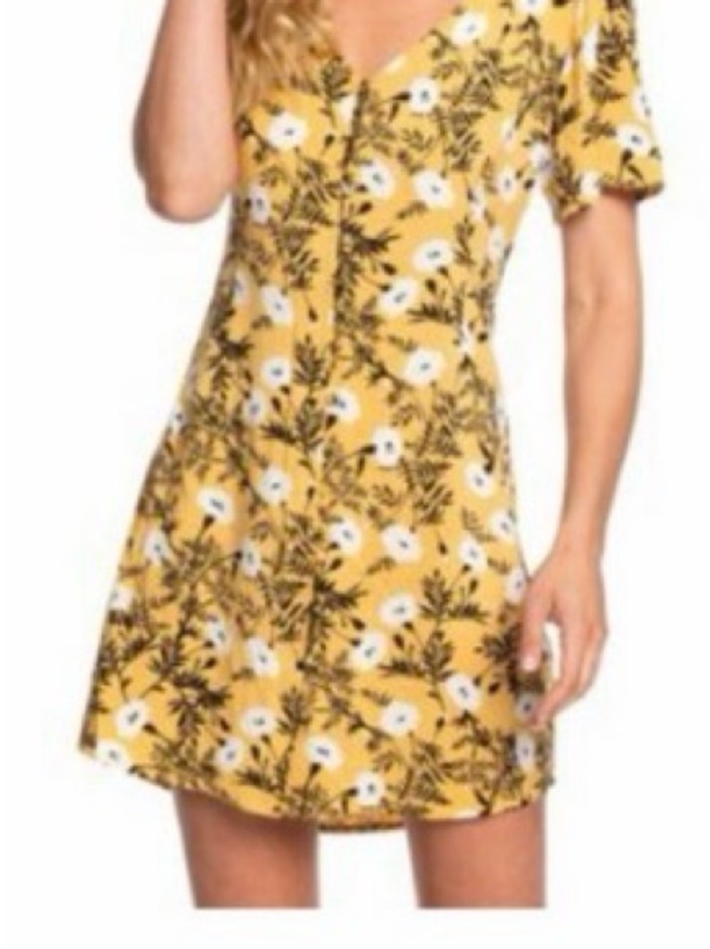 Roxy Yellow Floral V-Neck Mini Dress